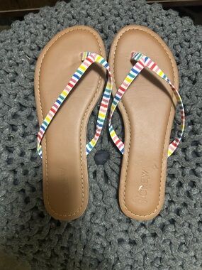 J. Crew Tan Flip Flop Sandals with Multicolor Stripe Straps